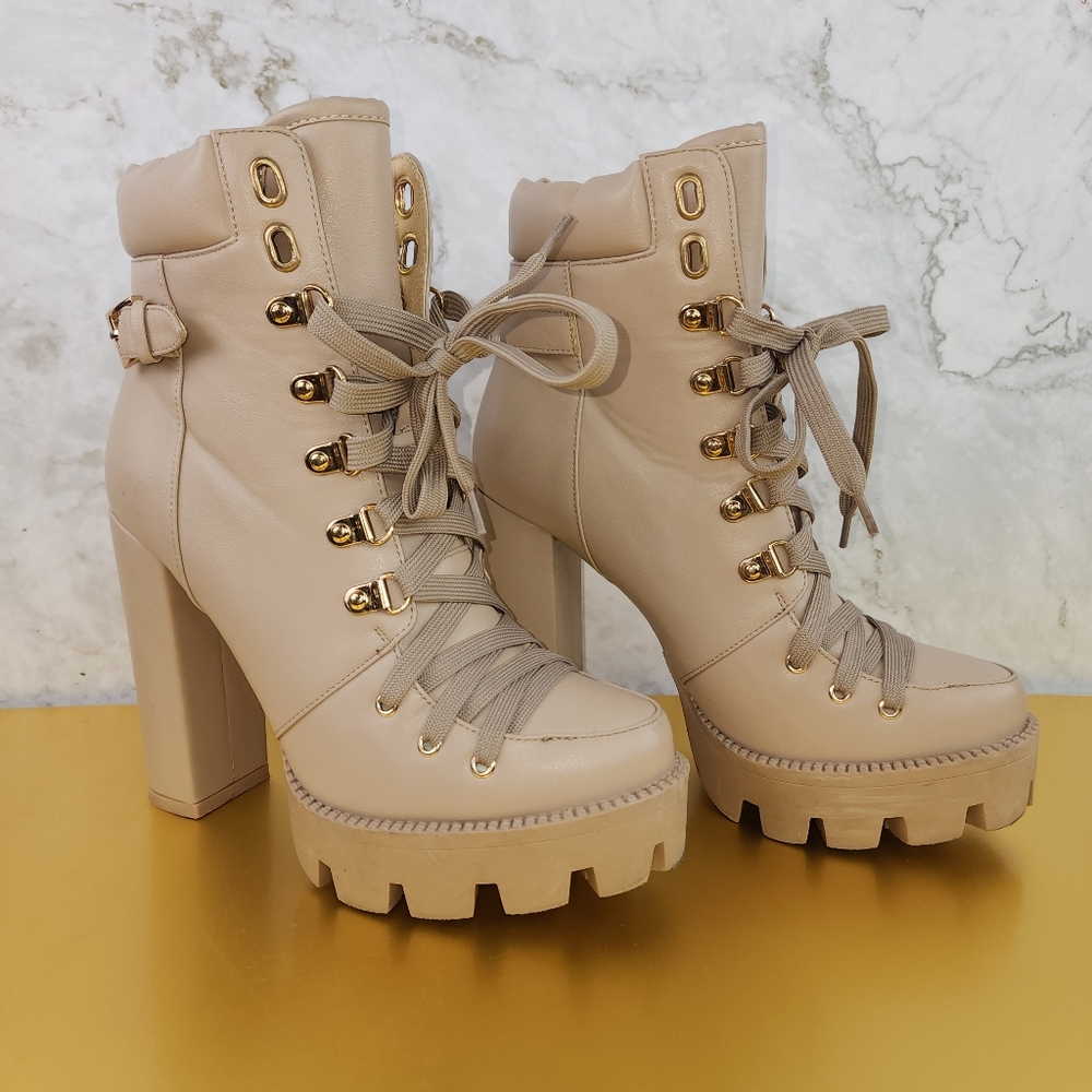 Nude Lace-Up Biker Ankle Boots